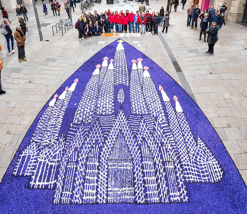 Més de vuit mil flors per una catifa de la Sagrada Família inspirada en una punta de coixí