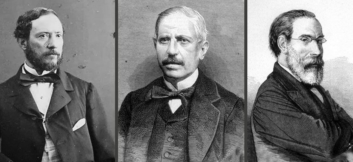 D'esquerra a dreta: Joan Prim i Prats, Estanislau Figueras i Francesc Pi i Margall.