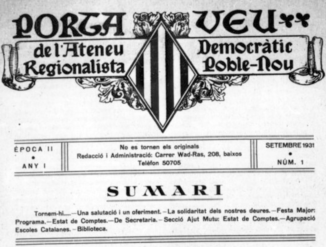 Capçalera de la revista Portaveu, de l'Ateneu Democràtic Regionalista del Poblenou, publicada el 1931