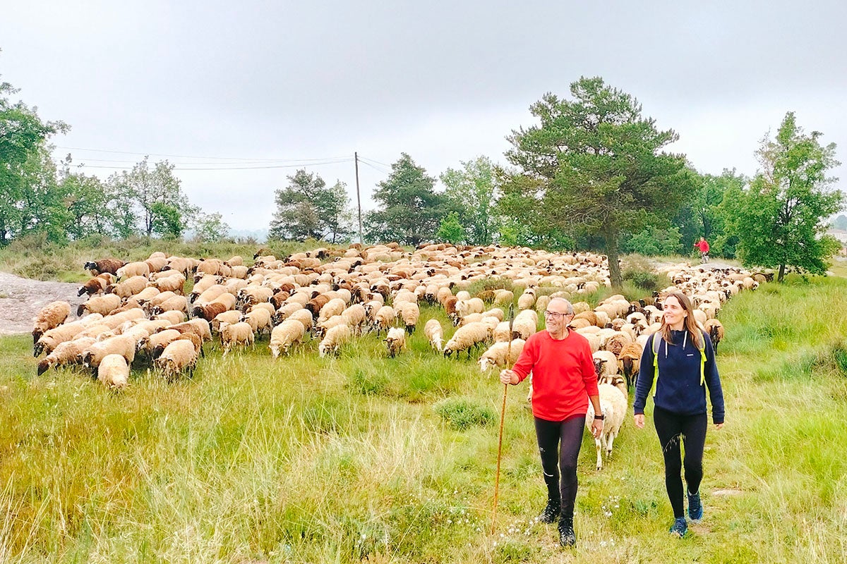 Íngrid Vilardaga, en transhumància al pas per Santa Creu, acompanyada de Martí Vall, del Grup de Transhumància